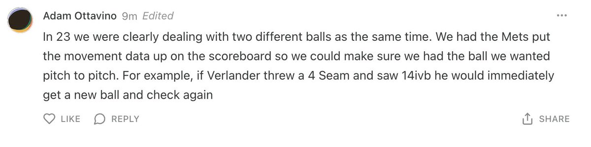 *The* Adam Ottavino hopping into my substack to talk ball (literally). 👀 

Great nugget on the ball's inconsistency in 2023 below. Have had multiple people speculate to me the 2025 ball is different in the last 24h. Others skeptical. 

Data ... doesn't support a difference? 🤷‍♂️