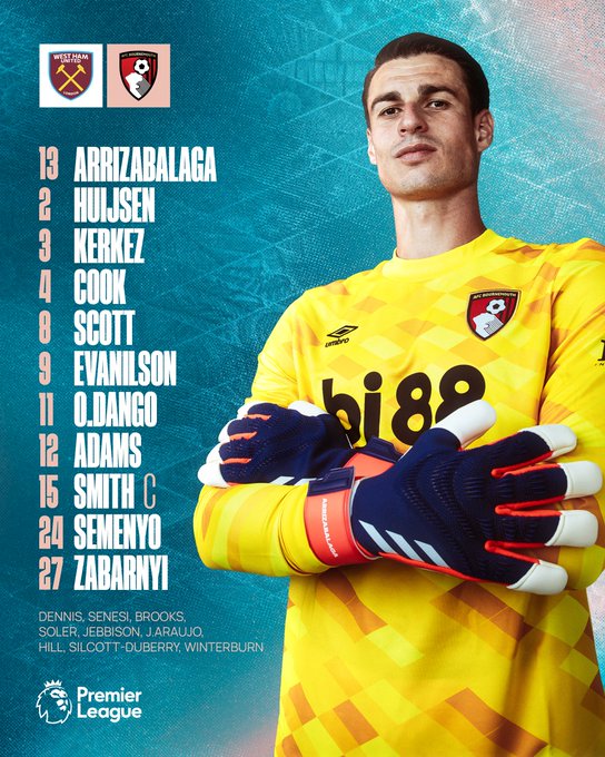 Team news graphic. Arrizabalaga, Huijsen, Kerkez, Cook, Scott, Evanilson, O.Dango, Adams, Smith (C), Semenyo, Zabarnyi.