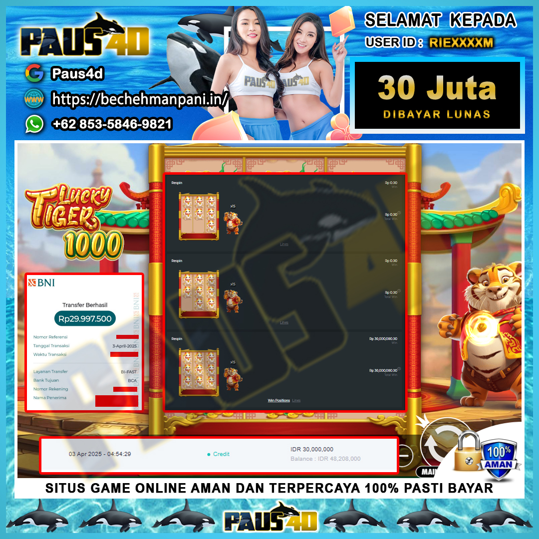 paus4d___'s tweet photo. 🎉 Selamat kepada Member PAUS4D dengan username: RIEXXXXM yang menang di Pragmatic Play Lucky Tiger 1000 dan menarik Rp 30.000.000! 💰🎰

Jangan ragu bermain di PAUS4D—Slot 🎰, Togel 🎯, atau Live Casino 🃏—semua dibayar 100%! 💯🔥

👉 Gabung Sekarang: https://t.co/bM9qQHHHRF https://t.co/o4wgp8eH5P