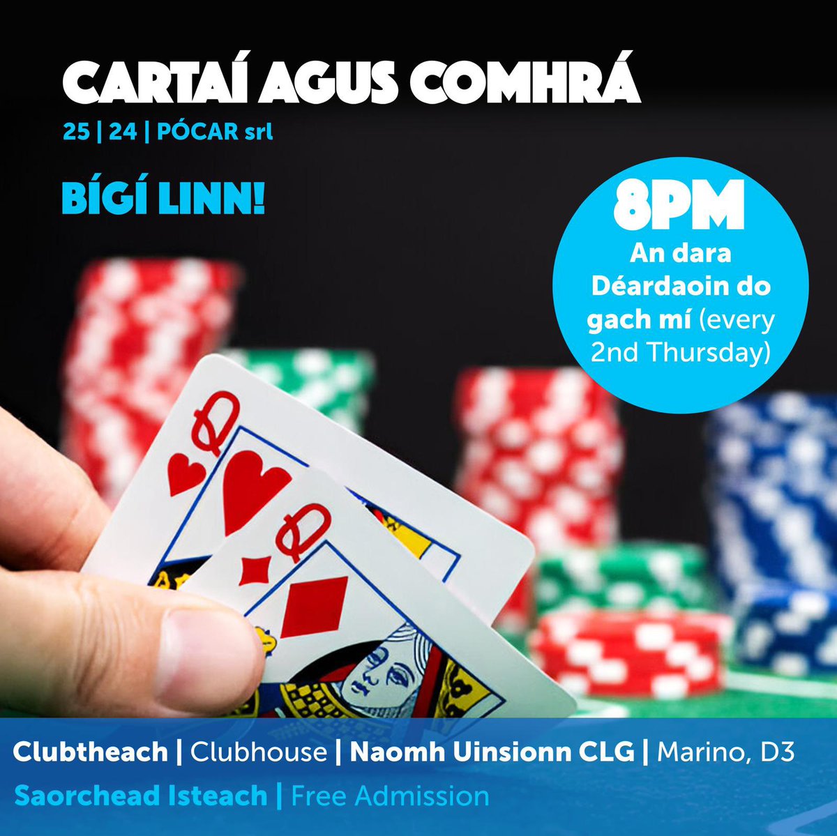 Come join us the 2nd Thurs of the month (starting 10th Apr) @ 8pm in the bar for social Poker, 45 or 25 &amp; practice your cúpla focal. Novice and beginners welcome and those who want to practice their Gaeilge!

Beidh fáilte roimh gach cumas imeartha agus labhartha #GAAgaeilge #FSMD