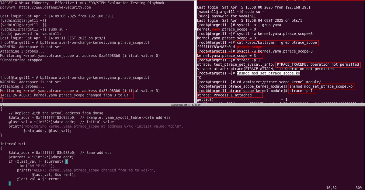 cr0nym's tweet image. My short blog post about detecting in-memory modification of Linux kernel.yama.ptrace_scope with bpftrace edu.defensive-security.com/blog/detecting…