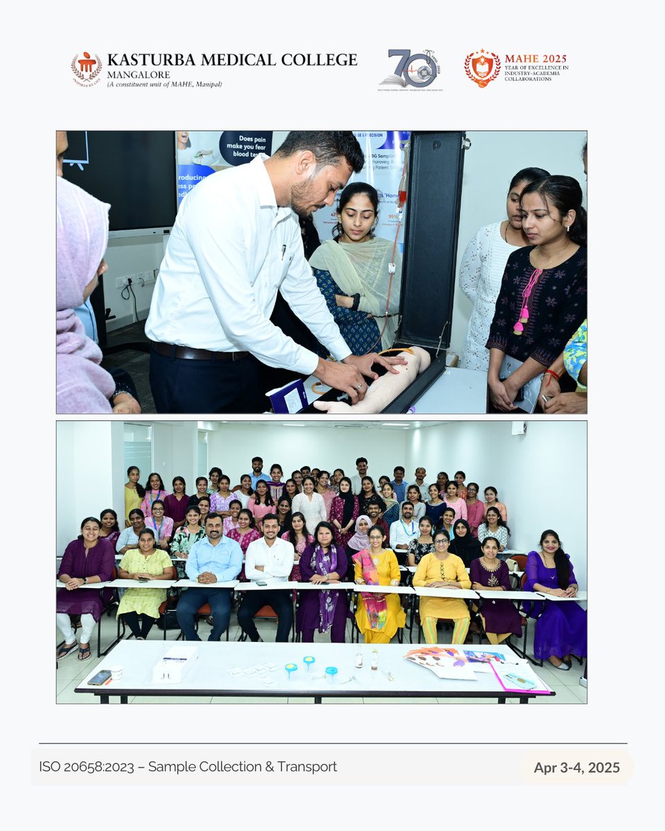 KMC Mangalore hosted a 2-day CME &amp; hands-on workshop on ISO 20658:2023 – Sample Collection &amp; Transport. 

With expert sessions, group activities &amp; lab demos, the event empowered lab personnel in quality pre-analytics. 

#KMCMangalore #LabMedicine #ISO20658 #CME2025