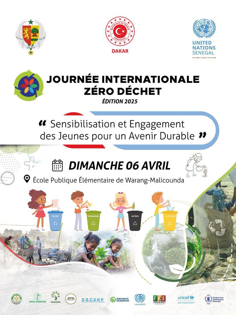 #ZéroDéchet
Ce dimanche 6 avril, la Journée Internationale Zéro Déchet sera célébrée à l’École Publique Élémentaire de Warang, dans la commune de Malicounda.

Proclamée par l’ONU et soutenue par 106 pays dont le Sénégal et la Turquie, cette journée vise à sensibiliser sur la