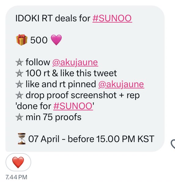 vibeswithenha's tweet photo. IDOKI RT deals for #SUNOO  

🎁 500 🩷

⚝ follow @akujaune 
⚝ 100 rt &amp; like this tweet
⚝ like and rt pinned @akujaune 
⚝ drop proof screenshot + rep 
'done for #SUNOO'
⚝ min 75 proofs

⏳️07 April - before 15.00 PM KST https://t.co/Q5n79cAQb6