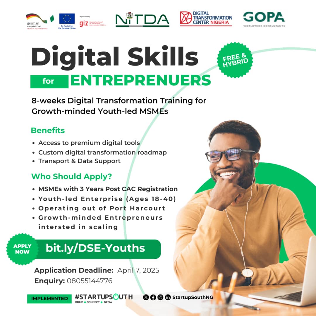 The DSE Program by GIZ (Co-Funded by the EU) and powered by the Digital Transformation Center in partnership with NITDA and GOPA is an 8 Weeks of FREE Digital Skills Training for Youth-led Businesses in Port Harcourt!

bit.ly/DSE-Youths