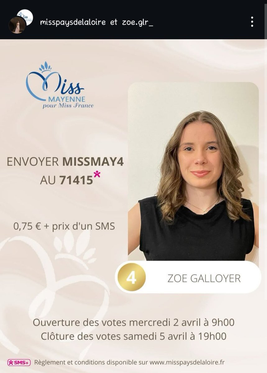 Ce soir, Zoé se présente pour être élue #MissMayenne.
Soutenez-la dans cette aventure en votant pour elle avant 19h et en partageant cette publication !