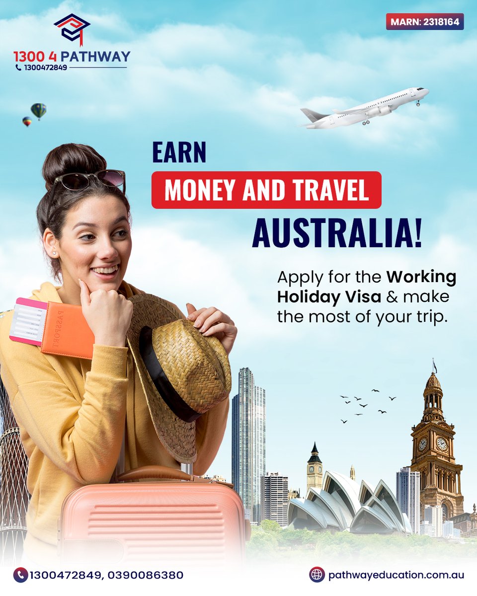 pathway_edu_au's tweet image. Earn Money &amp;amp; Travel #Australia! 
Apply for the #WorkingHolidayVisa &amp;amp; make the most of your trip.

🌐 cutt.ly/QrsLukIV
✅ MARN: 2318164

#Subclass417 #417Visa #CareerAbroad #ImmigrationAgent #Immigration #EducationInstitute #VisaServices #VisaConsultants #PathwayEducation