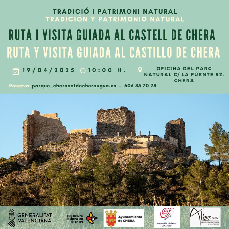 Este 19 de abril vive un día único en #Chera:

•10:00h Ruta y visita guiada al Castillo (reserva gratis: parque_cherasotdechera@gva.es)
•12:00h Feria Encherate 2025: gastronomía, música, actividades y artesanía en la Plaza de España.

¡Gastronomía y naturaleza te esperan!