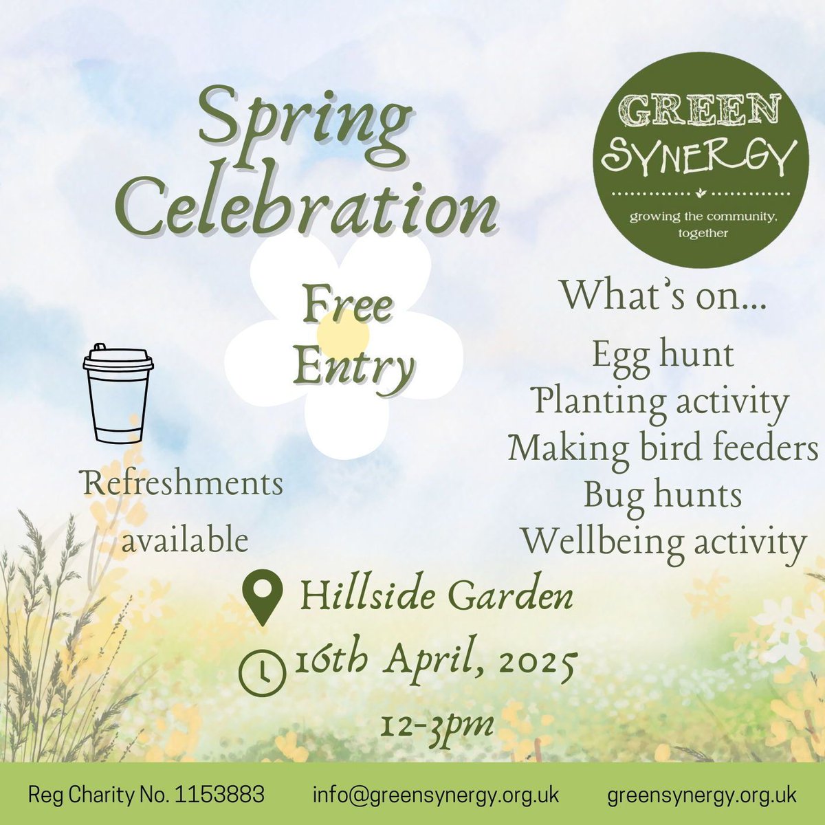 Spring Celebration 
16th April on Hillside Garden, 12-3pm. 
There will be an egg hunt for children around the garden, you have to find all the eggs and write down the letter to its corresponding  number. Once you have done this you have got to figure out what the secret sentence