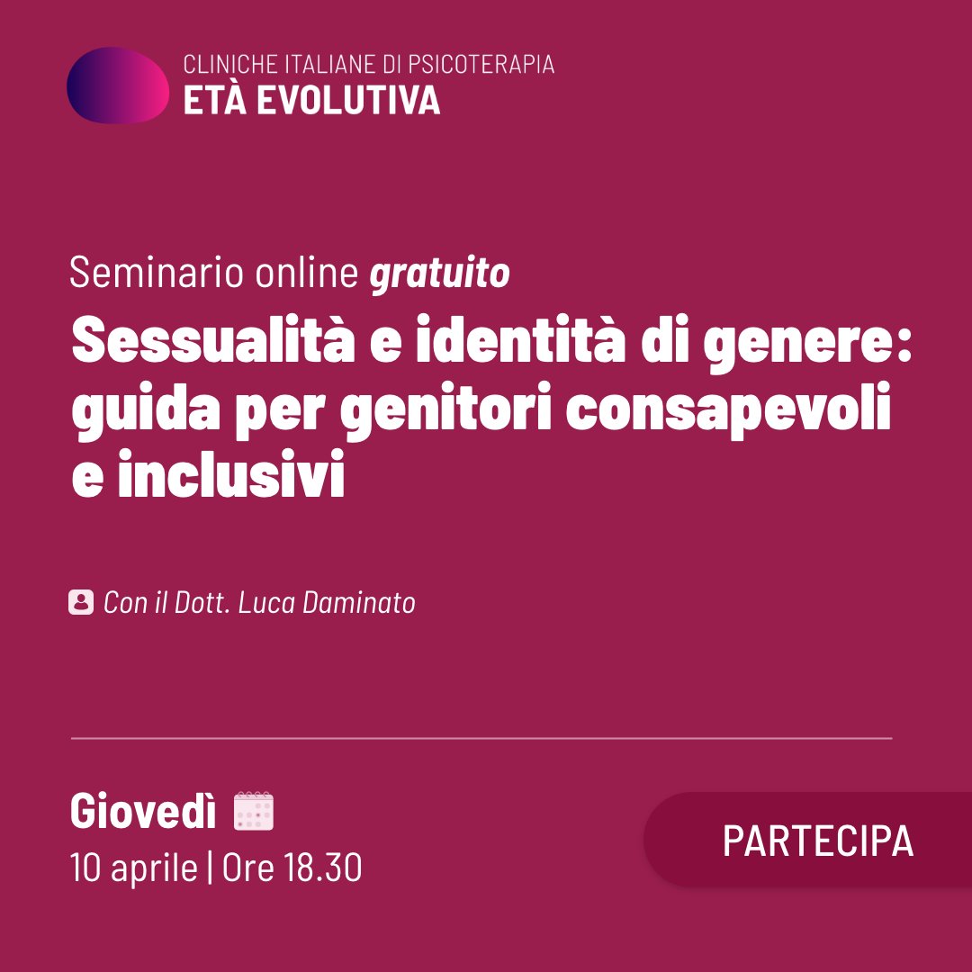 🔴  Sessualità e identità di genere: guida per genitori consapevoli e inclusivi 

📌 Seminario online gratuito organizzato dalla Clinica Età Evolutiva

📅 Giovedì 10 aprile alle ore 18:30

👉 Per info: stateofmind.it/eventi/sessual…

#sessualità #webinar