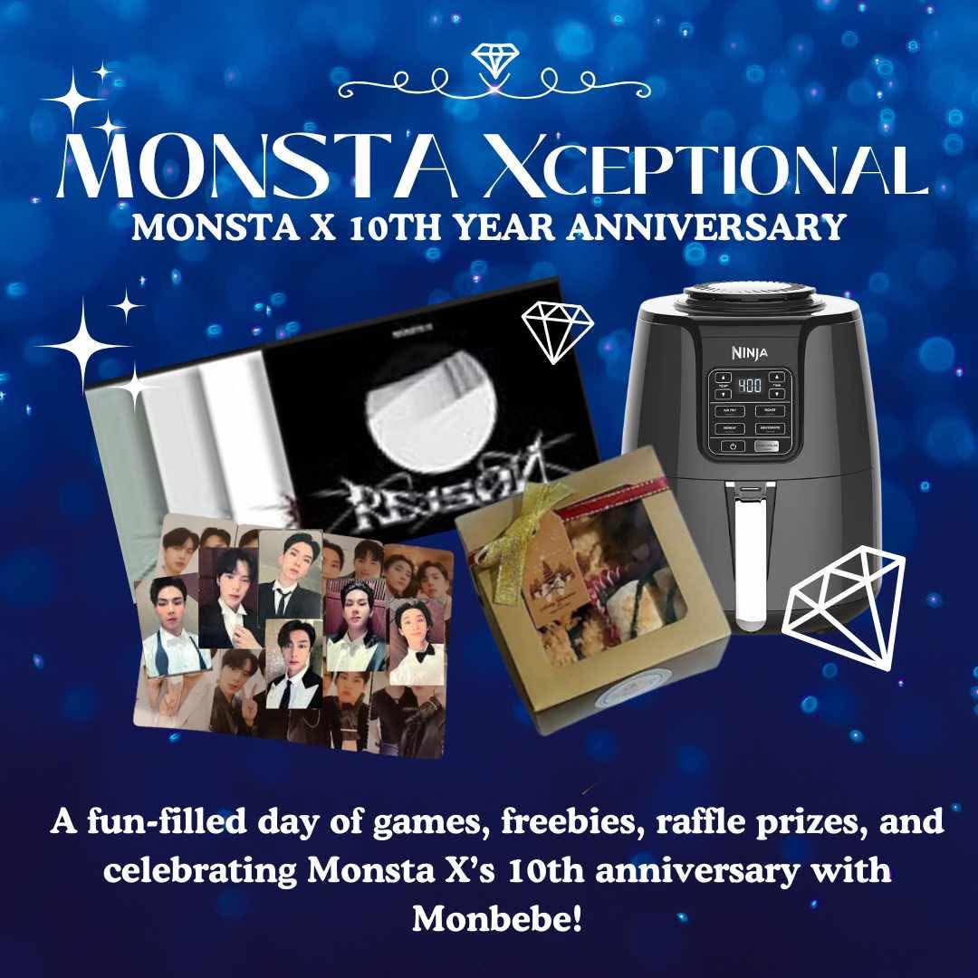 💎Monsta Xceptional💎
Monsta X 10th Anniversary: A Decade of Excellence, Creating Legends

📆May 11, 2025
📌Yeoubi Cafe
⏰3PM to 6PM

Join us and together let's celebrate 10 years with #MONSTAX

@OfficialMonstaX #MonstaX10thAnniversary #MonstaXceptional