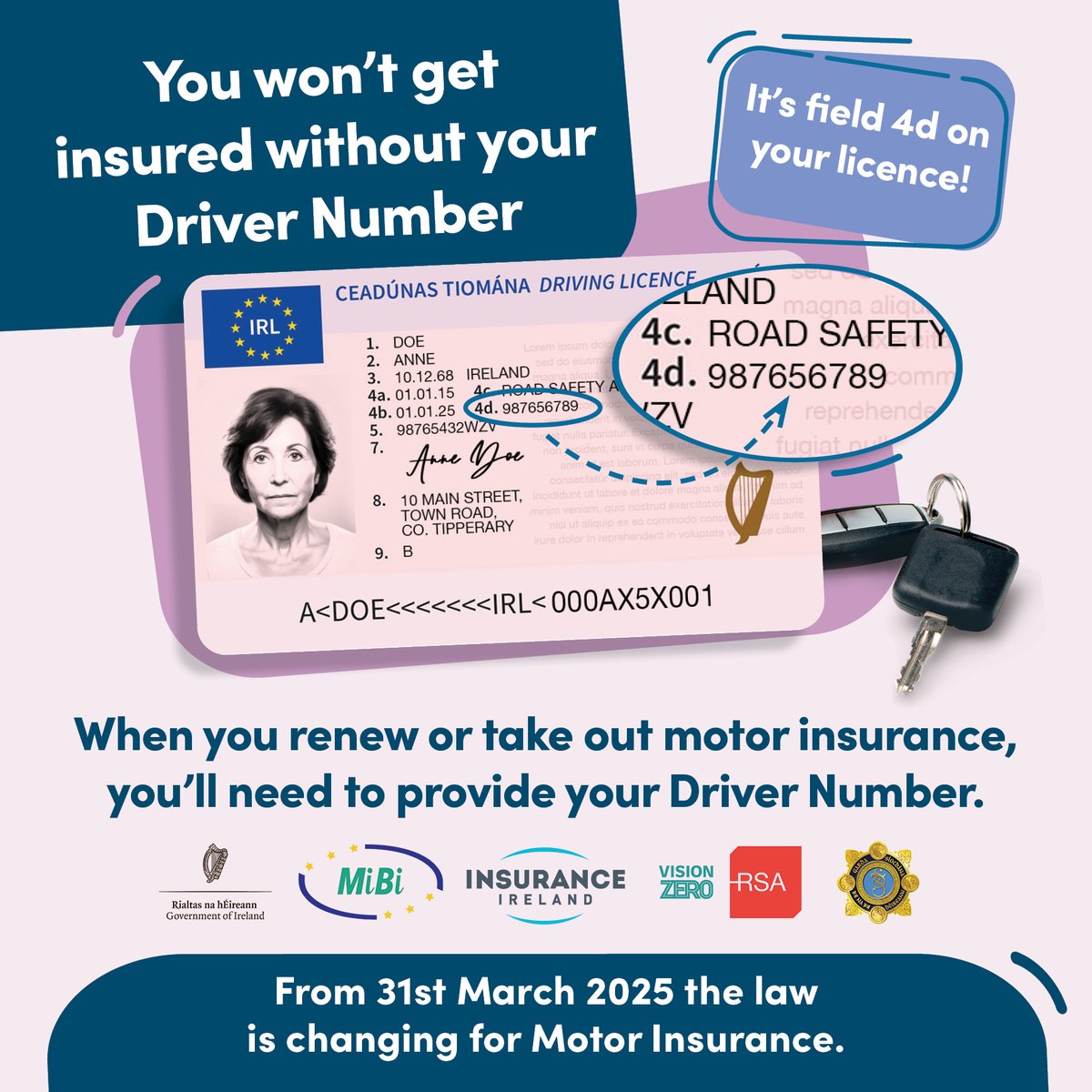 A change to the Road Traffic Act 2023 came into effect on 31st March 2025, requiring all drivers in Ireland to provide their driver number(s) for each driver covered on their insurance policy or they will not be offered a policy. 
Read more here: ow.ly/WQQo50VuM6Z