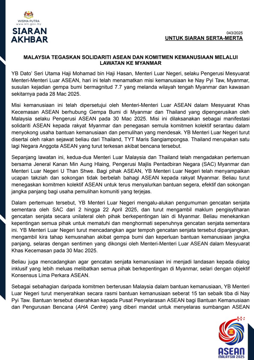 MalaysiaMFA's tweet photo. PRESS RELEASE: MALAYSIA REAFFIRMS ASEAN SOLIDARITY AND HUMANITARIAN COMMITMENT IN VISIT TO MYANMAR https://t.co/ErIJeVN7tc