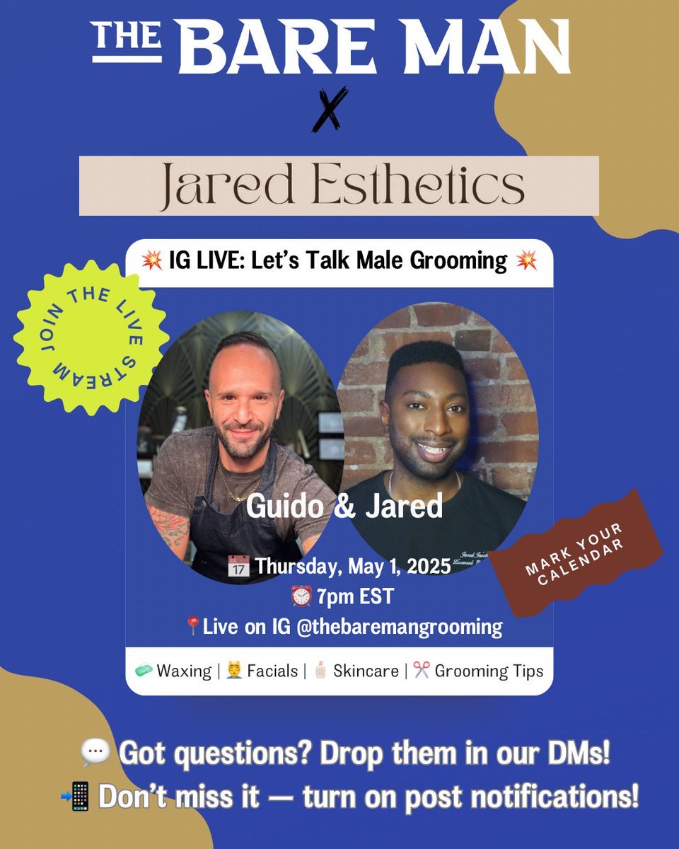 Set your calendars… May 1 at 7pm! #instagram #live #mensgrooming #waxing #facials