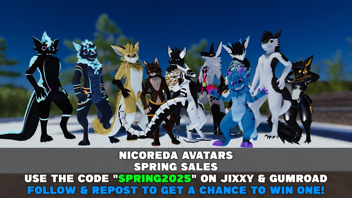 Nicoreda Avatars spring sales! 
-50% on all my avatars using the code "SPRING2025"! 

 You can also get a chance to win one of them by Liking &amp; Reposting this post!

nicoreda.gumroad.com
jinxxy.com/Nicoreda/listi…