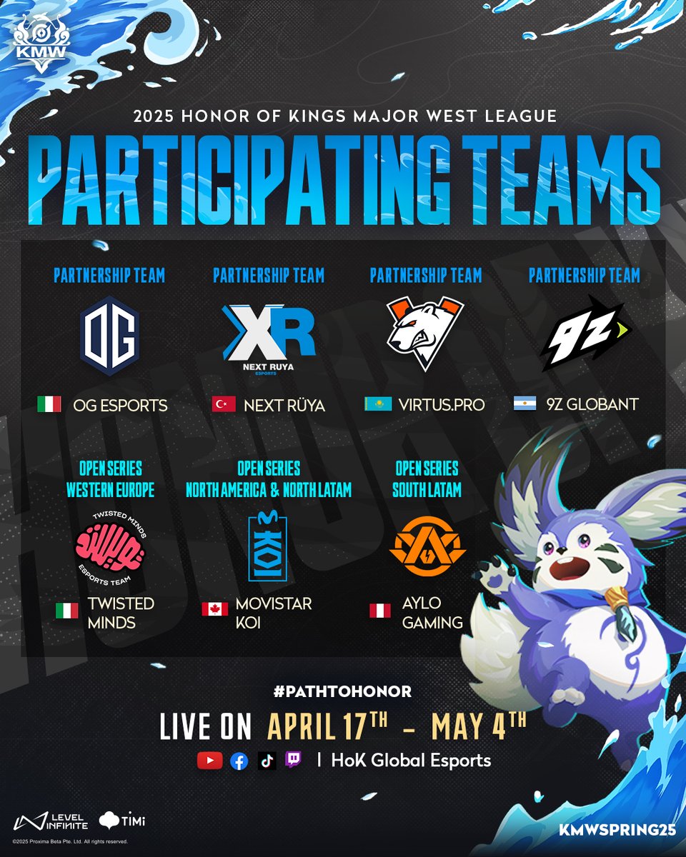 🌊 Tides are rising—the Major West League Spring 2025 challengers set sail on their #PathToHonor!

📅 April 17th - May 4th

👉 Play Honor of Kings now!
🔗 HoKEsports.com/KMW

#25HOKMajor #KMWSpring25 #PathToHonor #2025HOK #HonorOfKings #HOKEsports