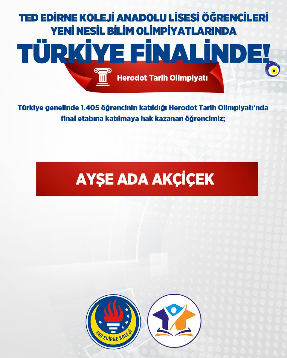 Yeni Nesil Bilim Olimpiyatları kapsamında "Akademideyiz" Platformu tarafından düzenlenen, Curie Kimya, Tesla Fizik ve Herodot Tarih Olimpiyatları'nda ilk aşamayı başarıyla geçen ve final etabına katılmaya hak kazanan #TEDEdirneKoleji Anadolu Lisesi öğrencilerimizi tebrik ediyor,