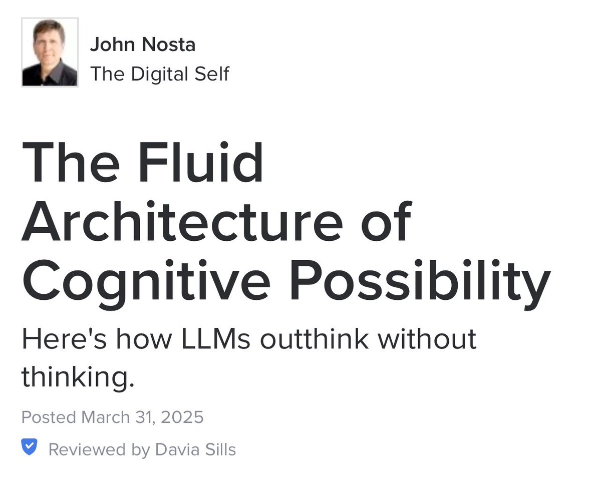 JohnRDallasJr's tweet photo. Avoid #System1Thinking about “The Fluid Architecture of #CognitivePossibility.”
Follow @JohnNosta’s intellectual curiosity, humility, and generosity.
Note his metacognitive sensitivity regarding #AI-fueled #System0Thinking—to augment #System2Thinking.
https://t.co/uE3LfPgC3d https://t.co/RygBeiuoO2