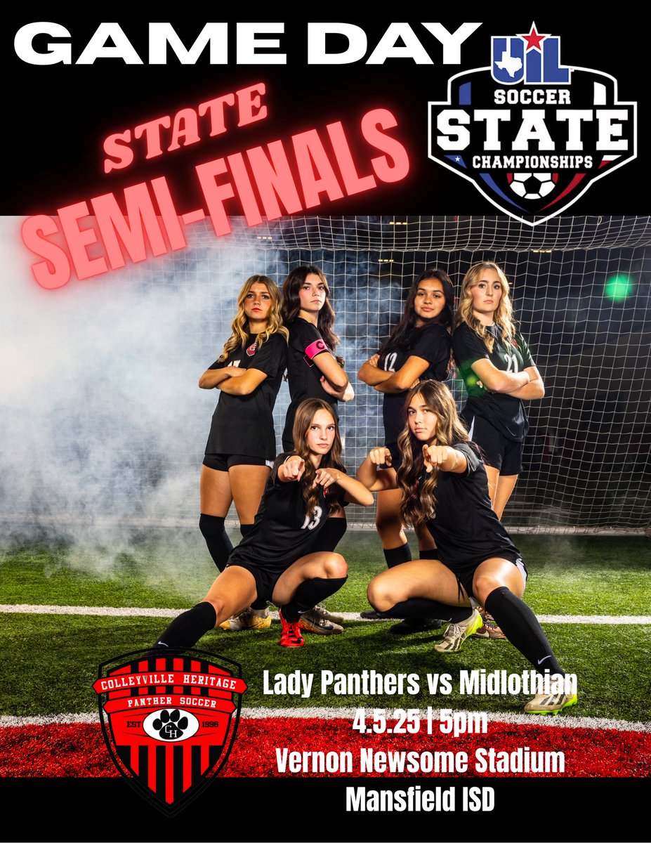 Rain 🌧️ Rain go away because it’s GAME DAYYY!!! Looking at the forecast it looks like it should clear out right before kick off 🙌 so come on out to Vernon Newsome stadium in Mansfield to cheer on Lady Panther Soccer as we compete against Midlothian in the STATE SEMI FINAL!!