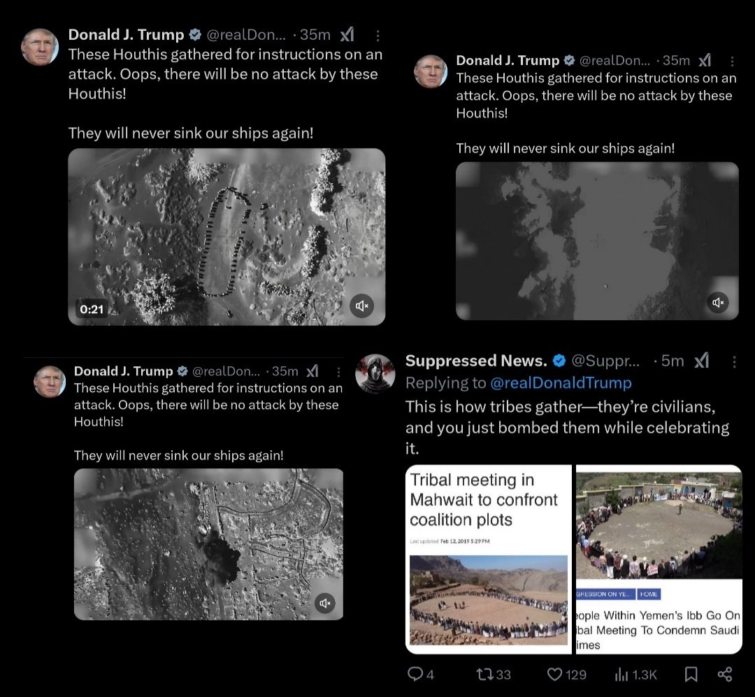 meThag110's tweet image. يتباهى ترامب الآن بقتل المدنيين في اليمن، أفقر دولة في الشرق الأوسط.
هذا هو الرئيس نفسه الذي كان يسعى لجائزة نوبل للسلام، ويصف نفسه بأنه رئيس "مناهض للحرب". والآن يواصل استغلال أوكرانيا ضد روسيا، ويدعم إسرائيل بكل سرور في إبادة جماعية، ويقصف المدنيين في اليمن.