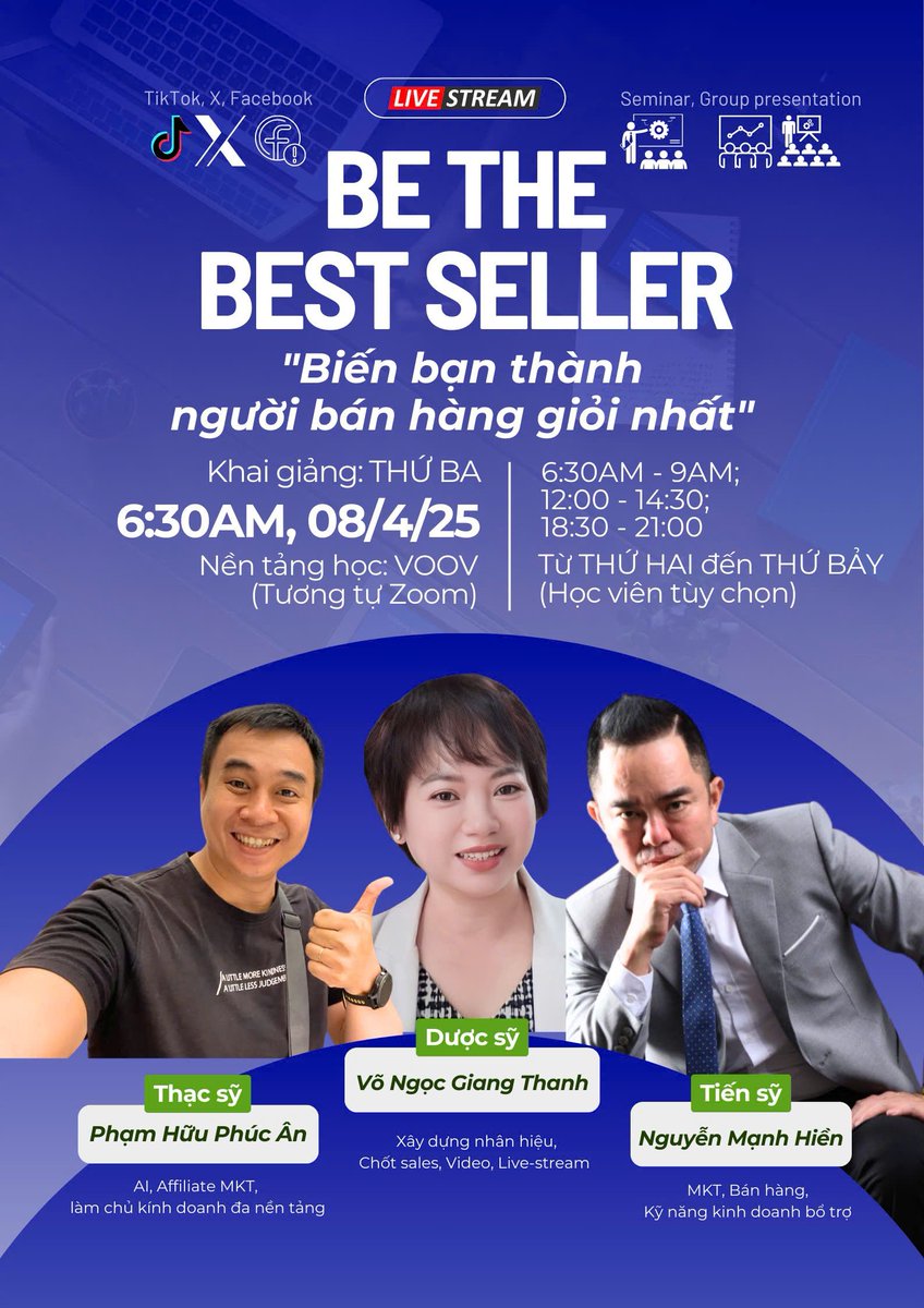 duocsithanh789's tweet photo. TRẠI HUẤN LUYỆN BE THE BEST-SELLER!
Mục tiêu của chúng tôi khi mở trại huấn luyện này là giúp các bạn trở thành những người bán hàng giỏi nhất!
Chúng tôi là 3 nhà huấn luyện kinh doanh có tổng cộng 68 năm kinh nghiệm. Chúng tôi đã từng thành công rực rỡ & thất bại thảm hại nhiều lần. Chúng tôi đã từng đi làm thuê với thu nhập ảm đạm trong khi KPI siết chặt cuộc đời mình vào các kỷ luật bán hàng mà không tài nào cải thiện được vị thế tài chính của mình.
Học từ sai lầm, học từ thương trường khắc nghiệt… khiến chúng tôi trở nên kiên cường và nắm bắt được nhiều kỹ thuật kinh doanh tinh tế. 
Và bây giờ, chúng tôi thành thật muốn chuyển giao bộ kỹ năng toàn diện & hiện đại này tới tất cả những ai đang cần phát triển bản thân theo hướng doanh nhân chính trực, thịnh vượng vững bền.
Chào mừng các bạn đến với khóa đào tạo BE THE BEST SELLER với các buổi học trực tuyến trong 21 chuyên đề thiết thực, có hiệu năng tức thì!
