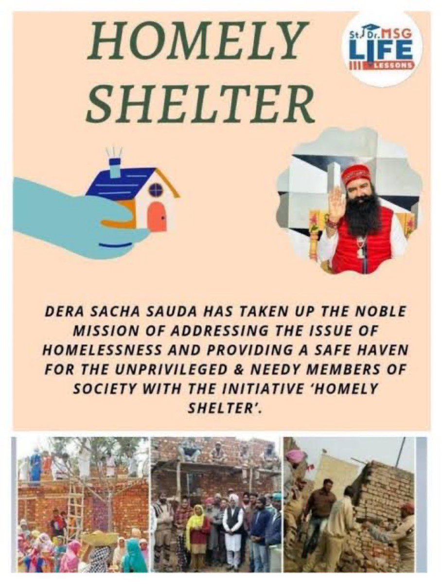 amitmehmi1's tweet image. To help the underprivileged, the socio-welfare organization Dera Sacha Sauda is providing help to them under the initiative “Homely shelter”! This initiative is to fulfil the dreams of homeless people for their own homes!
#HomeForHomeless