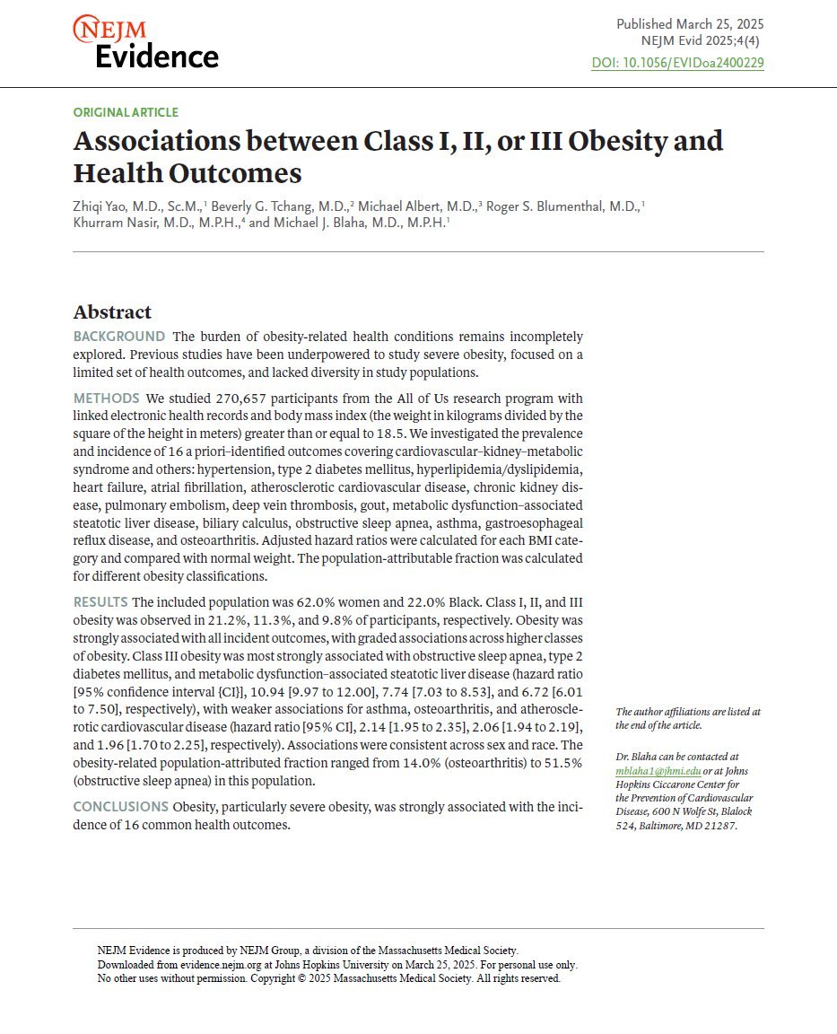 Michael "Mike" Albert, MD (@michaelalbertmd) on Twitter photo 1/ Associations between Class I, II, or III Obesity and Health Outcomes <a href="/NEJMEvidence/">NEJM Evidence</a>
A study of 270,000+ diverse Americans just mapped the health risks of obesity—and they’re more extensive than we thought.
From sleep apnea to diabetes and heart failure, the risk climbs 1/ Associations between Class I, II, or III Obesity and Health Outcomes <a href="/NEJMEvidence/">NEJM Evidence</a>
A study of 270,000+ diverse Americans just mapped the health risks of obesity—and they’re more extensive than we thought.
From sleep apnea to diabetes and heart failure, the risk climbs