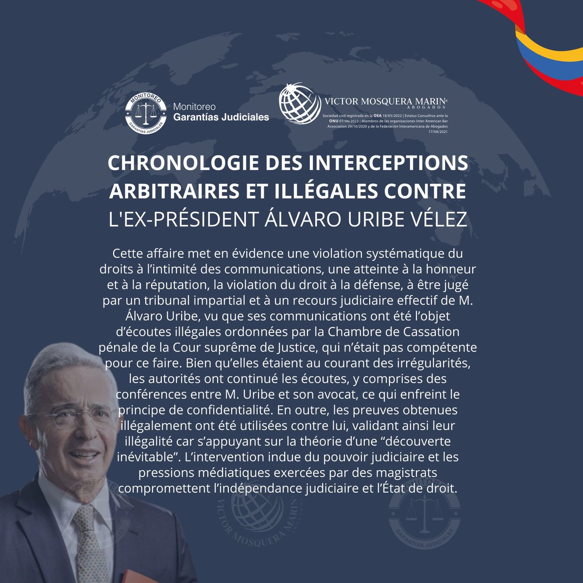 VictorMosqueraM's tweet image. 1/2
Les écoutes illégales contre l’ex-président 🇨🇴@AlvaroUribeVel révèlent une violation grave des garanties fondamentales, du droit à la défense et de la confidentialité avocat-client.
Cette chronologie expose les faits essentiels de cette affaire.
#DroitsHumains #Colombie…