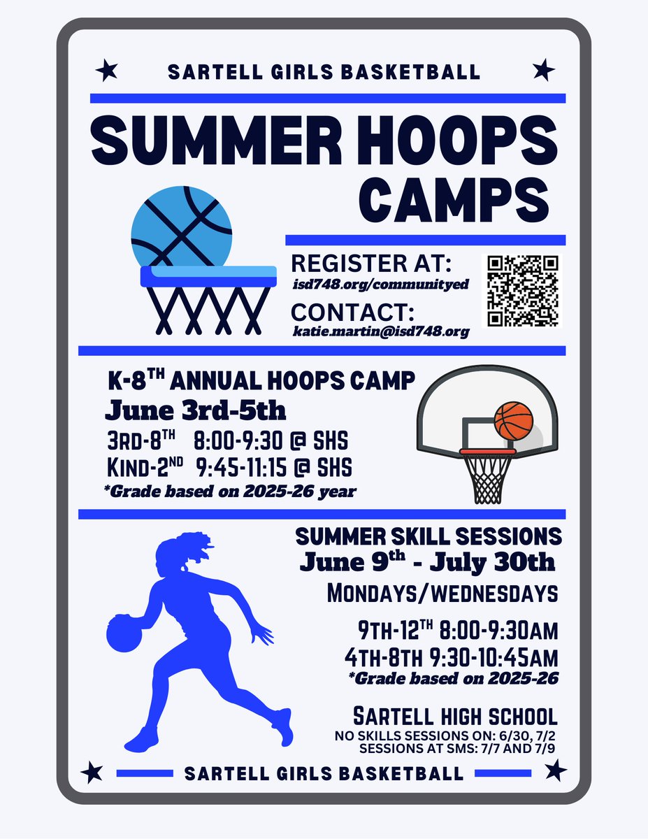 There may be snow on the ground, but we are already thinking about summer hoops. Girls basketball camp options for K-12th grade. Register through Sartell Community Ed. #sabrehoopsfam 💙🏀