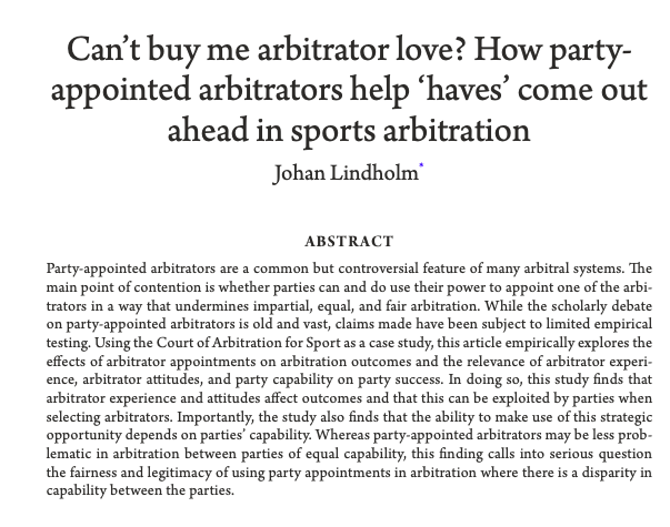 Antoine Duval (@ant1duval) on Twitter photo Important new #Sportslaw paper on #CAS by my colleague Johan Lindholm (<a href="/umeauniversity/">Umeå University</a>).
It documents the influence of experienced arbitrators on CAS awards & the advantage of SGBs in identifying & picking them.
Available open access at academic.oup.com/arbitration/ad…
#Arbitration Important new #Sportslaw paper on #CAS by my colleague Johan Lindholm (<a href="/umeauniversity/">Umeå University</a>).
It documents the influence of experienced arbitrators on CAS awards & the advantage of SGBs in identifying & picking them.
Available open access at academic.oup.com/arbitration/ad…
#Arbitration