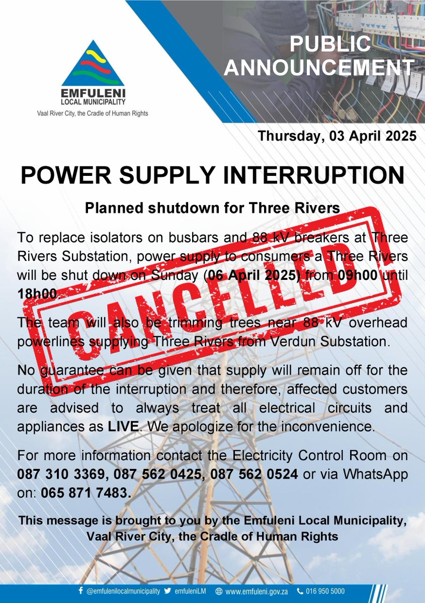SHUTDOWN CANCELLED 🚨🚨

#ThreeRivers

On account of rainy weather, consumers at Three Rivers are notified that the planned shutdown has been suspended pending further notice.  We apologize for the inconvenience.

Issued by the Communication Department.