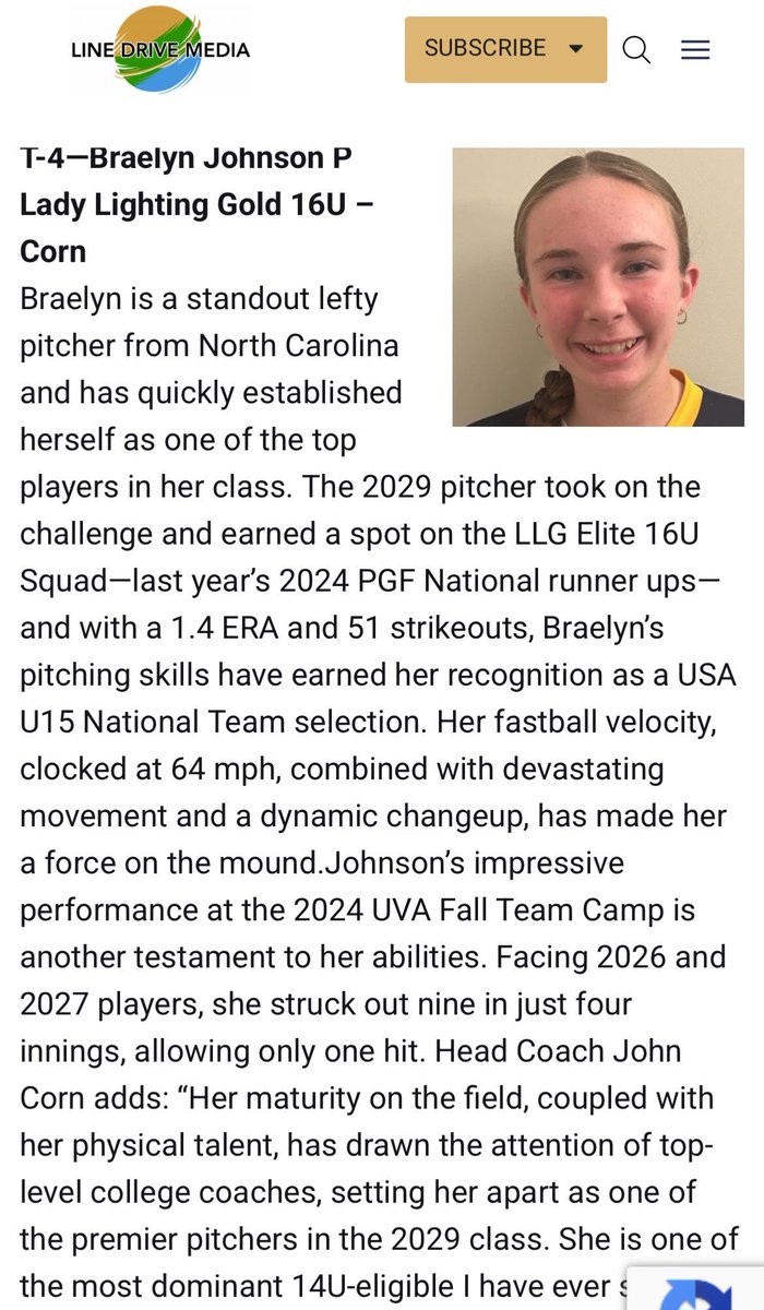 Braelyn Johnson (@braelyn_29) on Twitter photo What an honor to be ranked nationally among such great talent! Thank you <a href="/LineDsoftball/">Line Drive Media</a> and all of my coaches who support and believe in me. Ready to work and continue climbing!
<a href="/LLGCOACH/">LLG</a> <a href="/LLG_MW/">LLGElite2024</a> <a href="/Org_LLG/">Lady Lightning Gold Org Account</a>
<a href="/rittmanjohn/">John Rittman</a>
<a href="/UGACoachTony/">Tony Baldwin</a>
<a href="/jjpower19/">Joshua Johnson, PhD</a>
<a href="/carrieeberle/">Carrie Eberle</a>
<a href="/USASoftballJWNT/">USA Softball Junior Women’s National Team</a> What an honor to be ranked nationally among such great talent! Thank you <a href="/LineDsoftball/">Line Drive Media</a> and all of my coaches who support and believe in me. Ready to work and continue climbing!
<a href="/LLGCOACH/">LLG</a> <a href="/LLG_MW/">LLGElite2024</a> <a href="/Org_LLG/">Lady Lightning Gold Org Account</a>
<a href="/rittmanjohn/">John Rittman</a>
<a href="/UGACoachTony/">Tony Baldwin</a>
<a href="/jjpower19/">Joshua Johnson, PhD</a>
<a href="/carrieeberle/">Carrie Eberle</a>
<a href="/USASoftballJWNT/">USA Softball Junior Women’s National Team</a>