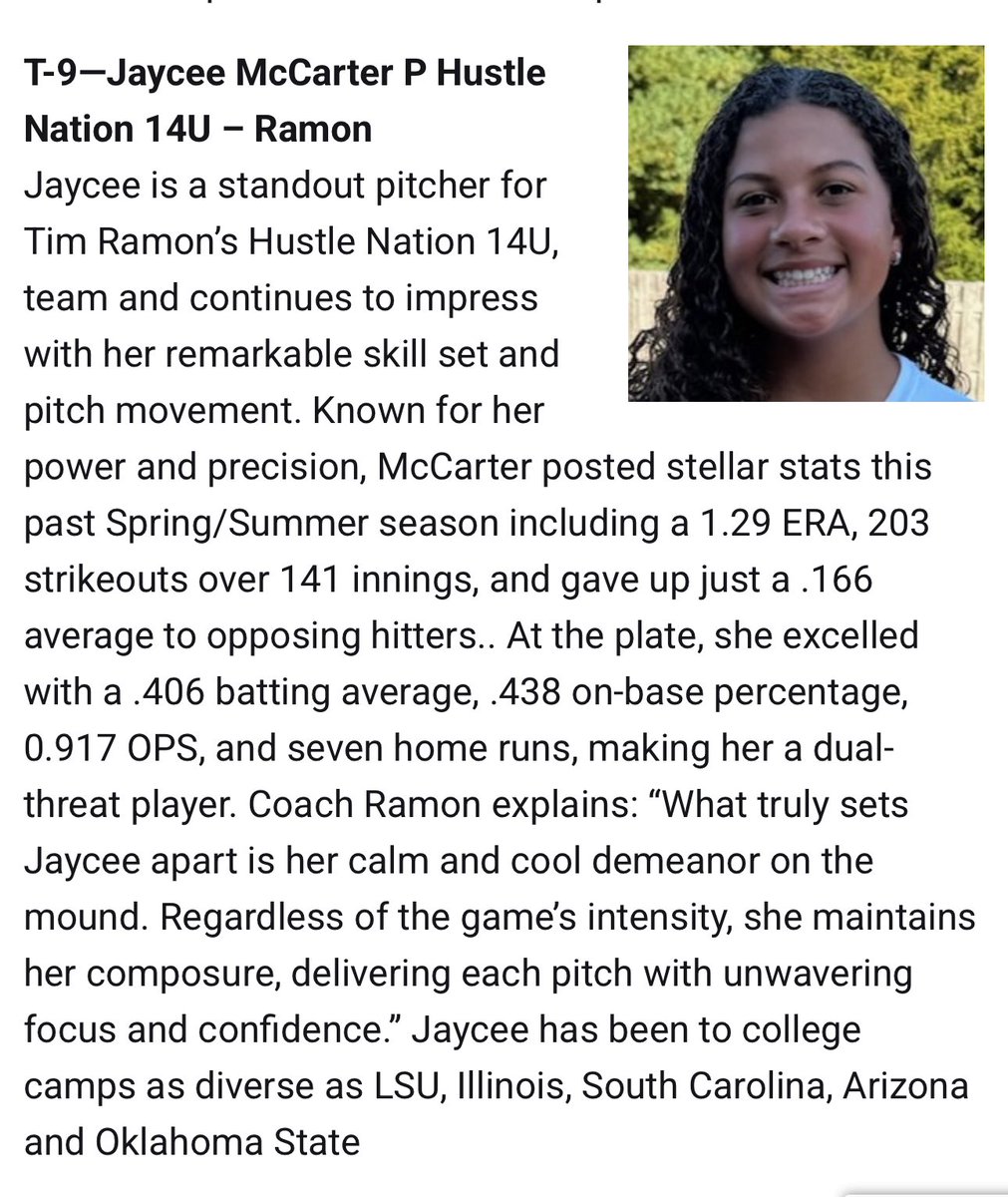 Hustle Nation Ramon 14U (@14uhustlenation) on Twitter photo Congratulations to <a href="/JayceeMccarter/">Jaycee Mccarter</a> for ranking #9 in the Class of 2029 Line Drive Hot 100!
<a href="/HustleNationFP/">Hustle Nation Fastpitch</a> <a href="/TimRamonHNF/">Tim Ramon</a> <a href="/LineDsoftball/">Line Drive Media</a> <a href="/ExtraInningSB/">EXTRA INNING SOFTBALL</a> <a href="/LegacyLegendsS1/">Legacy & Legends Softball</a> <a href="/D1Softball/">D1Softball</a> <a href="/TGETalent/">Top Gun Events-Talent</a> Congratulations to <a href="/JayceeMccarter/">Jaycee Mccarter</a> for ranking #9 in the Class of 2029 Line Drive Hot 100!
<a href="/HustleNationFP/">Hustle Nation Fastpitch</a> <a href="/TimRamonHNF/">Tim Ramon</a> <a href="/LineDsoftball/">Line Drive Media</a> <a href="/ExtraInningSB/">EXTRA INNING SOFTBALL</a> <a href="/LegacyLegendsS1/">Legacy & Legends Softball</a> <a href="/D1Softball/">D1Softball</a> <a href="/TGETalent/">Top Gun Events-Talent</a>