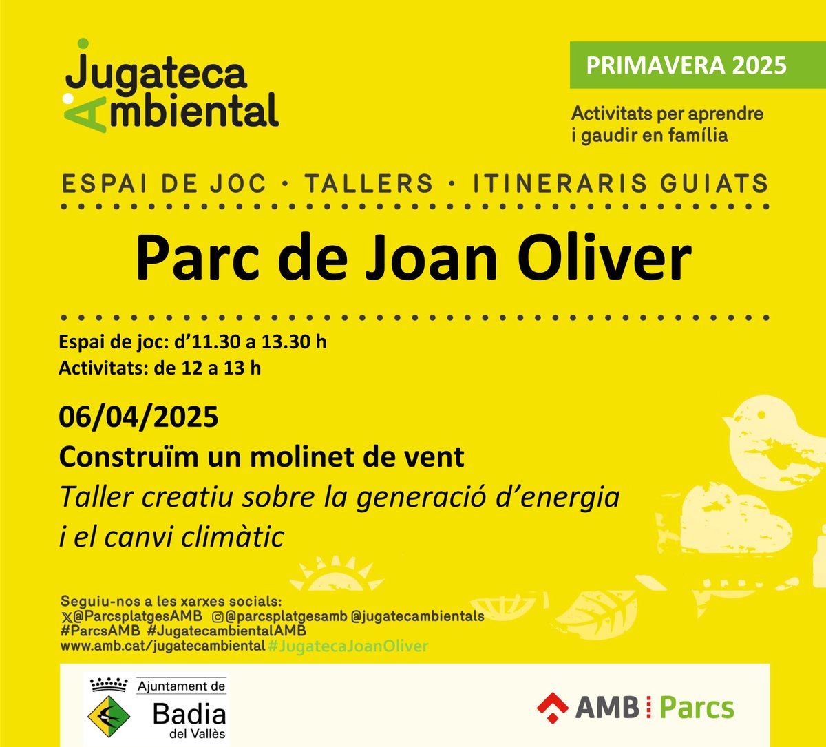 🌬️ Demà, vine a la Jugatecambiental del Parc de Joan Oliver i construeix el teu molinet de vent!
➡️ Coneixerem la importància de la generació d’energia per reduir el canvi climàtic!
#ParcsAMB #JugatecambientalAMB #JugatecaJoanOliver #parcsmetropolitans #parcsplatgesAMB
