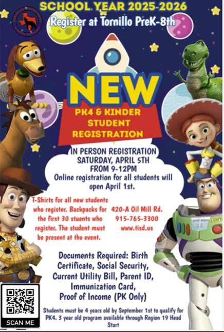 🐾Yeah! Today is the day! Tornillo In-Person registration for 2025-2026.  See you soon, Tornillo PK-8!#TISDProud