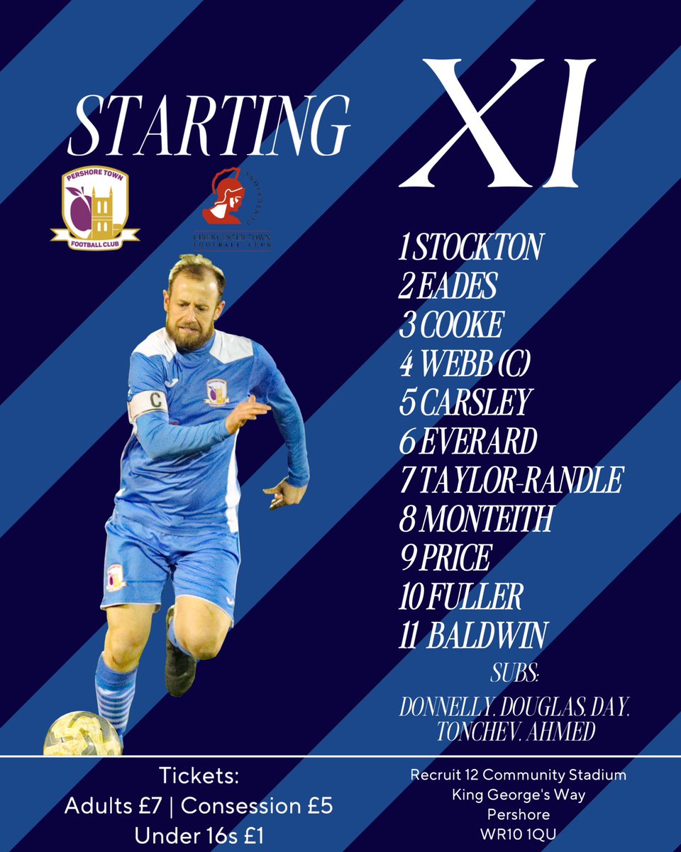 Your Pershore Town FC lineup for today’s game against <a href="/CirenTownFC/">Cirencester Town FC</a> at our home, the <a href="/Recruit12/">Recruit12</a>  Community Stadium. 🙌
<a href="/DannyJanes1/">Danny Janes</a> leads the team out ahead of a fantastic game on this sunny day.