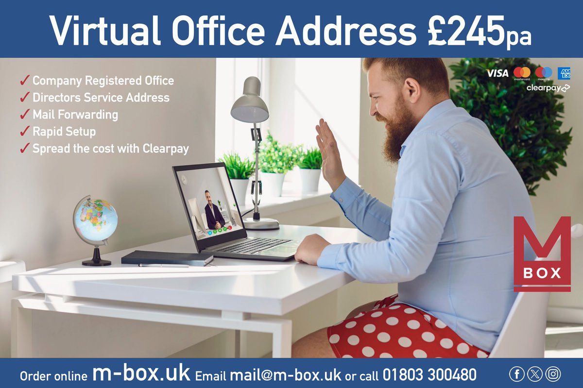 Running a business from home? 👨🏻‍💻

Get your own Virtual Office Address for only £245pa 📬

✅ Company Registered Office
✅ Directors Service Address
✅ Mail Forwarding
✅ Alternative to a P O Box
✅ Rapid Setup

🛒 Sign up online now ⬇️

square.link/u/Rf6XFtLp