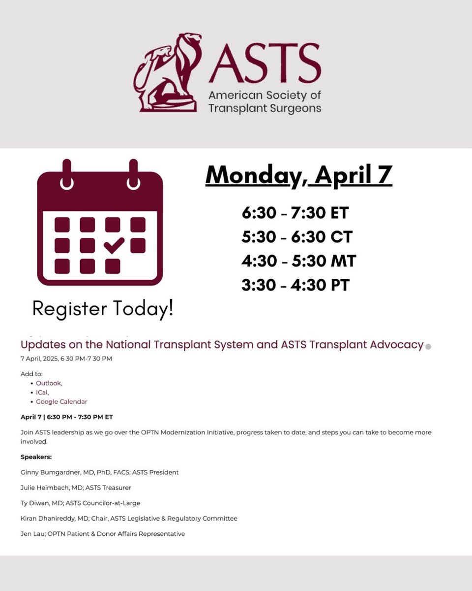 Join me on 4/7 530pm CST as we go over the OPTN Modernization Initiative, progress taken to date, and steps you can take to become more involved.

Hope to see you there! 

asts.zoom.us/webinar/regist…