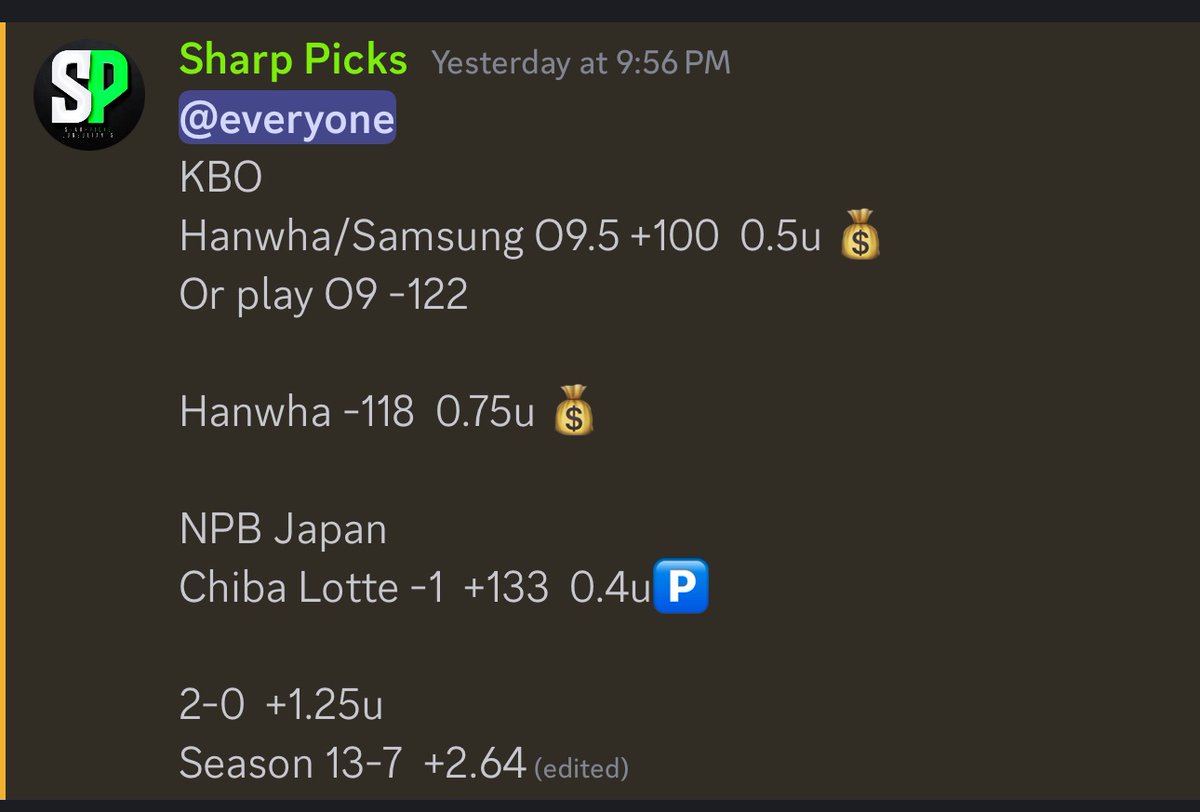 💰Hanwha/Samsung O9.5 +100
💰Hanwha -118

#KBO winners for discord clients ‼️🤑
