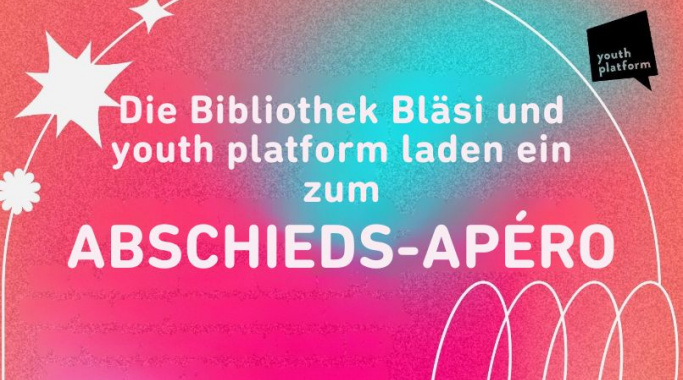 Abschieds-Apéro der Bibliothek Bläsi am 8.4.25 – 16.00
bis 18.00 
Die Bibliothek Bläsi und Youth Platform laden ein zum Abschieds-Apéro in der Bibliothek Bläsi. Für alle zwischen 0 und 100 Jahre. Mit Überraschung. #gggbibliothekbläsi stadtbibliothekbasel.ch/de/abschieds-a…