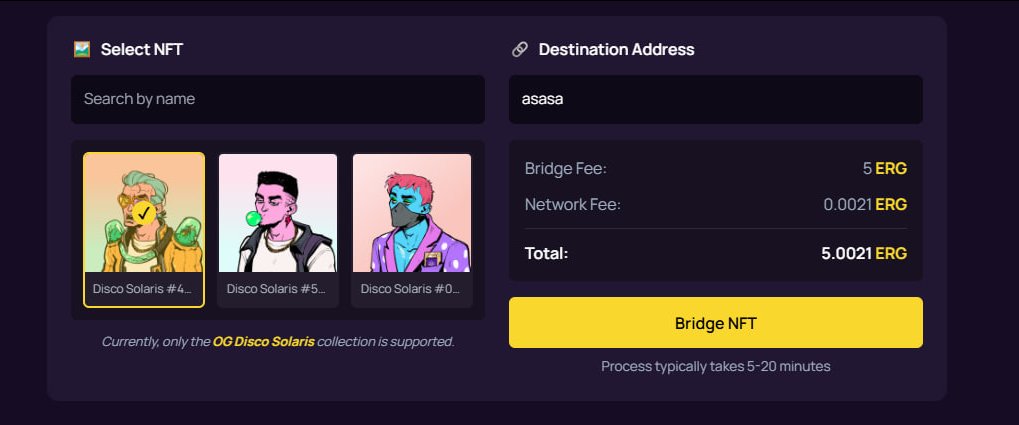 Building a seamless cross-chain NFT bridge connecting Cardano &amp; Ergo ecosystems.

Transfer your favorite NFTs (starting with <a href="/discosolaris/">Disco</a>) between blockchains in minutes. 

True interoperability for the future of digital collectibles! 
✨🔄🌉
#Ergo