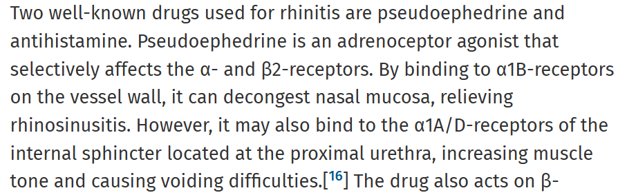 💊Everyone, especially prescribing doctors, must be aware of this.

Sudden retention of urine in a healthy male. Guess the cause? 🧑‍⚕️Normal prostate n urinary tract

History suggestive of intake of Pseudoephedrine in a common cold meds. 

❌ Avoid in Old age, BPH n for routine use