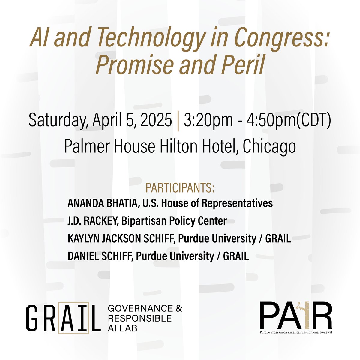 Check out this afternoon's #MPSA2025 ‘Reverse Roundtable’ featuring <a href="/Dan_Schiff/">Daniel Schiff</a> and <a href="/kaylynjackson/">Kaylyn Jackson Schiff</a>
Co-sponsored by: <a href="/GRAIL_center/">GRAIL Center</a> and PAIR  #PurduePoliticalScience <a href="/PurdueLibArts/">Purdue Liberal Arts</a>