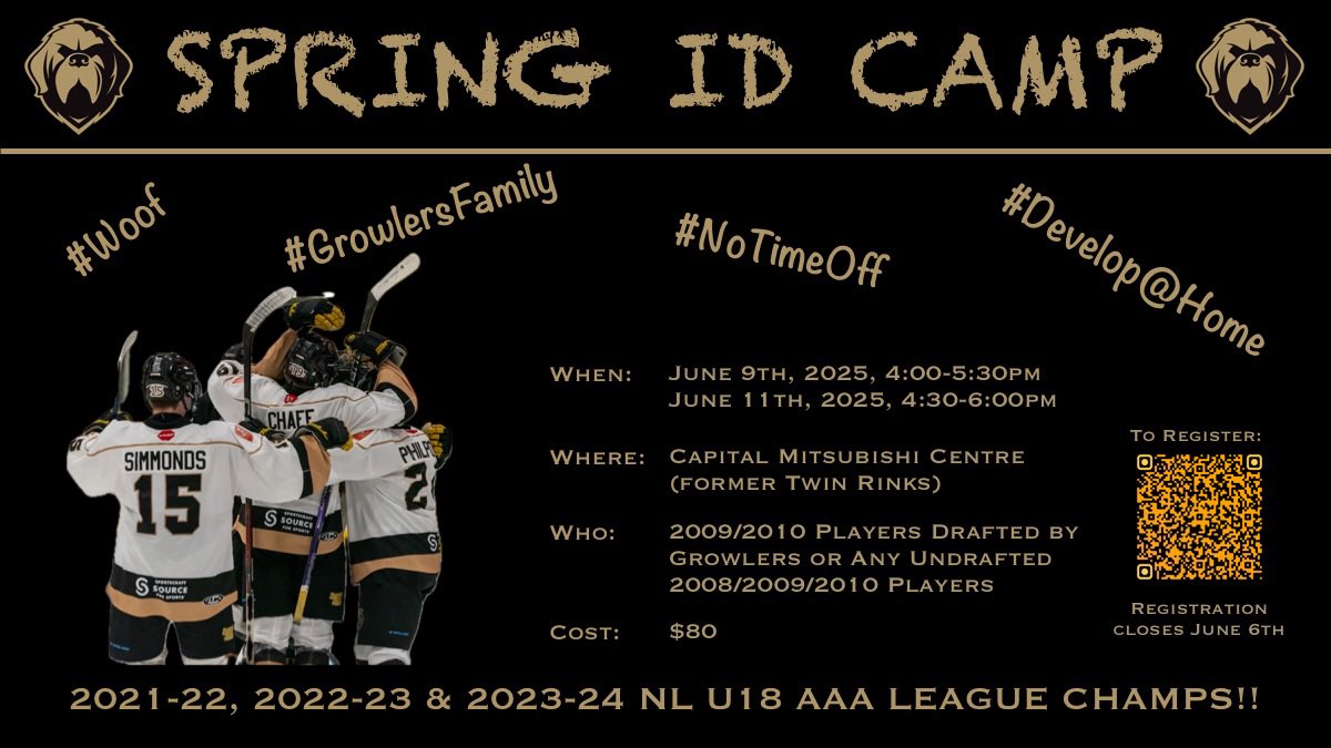 AAA Growlers (@aaagrowlers) on Twitter photo Sign-up for our 2025 Spring ID Camp for graduating U15 players or undrafted U18 players.#Woof #BlackWhiteAndGold
๐จDEADLINE JUNE 6th๐จ
forms.gle/uCPZSH3HNbqJsPโฆ
<a href="/nlaaahl/">AAA News</a> <a href="/TriComThunder/">Eastern Thunder U15 AAA</a> <a href="/STJHitmenU15/">U15AAA Eastern Hitmen</a> <a href="/hockeynl1935/">Hockey NL</a> Sign-up for our 2025 Spring ID Camp for graduating U15 players or undrafted U18 players.#Woof #BlackWhiteAndGold
๐จDEADLINE JUNE 6th๐จ
forms.gle/uCPZSH3HNbqJsPโฆ
<a href="/nlaaahl/">AAA News</a> <a href="/TriComThunder/">Eastern Thunder U15 AAA</a> <a href="/STJHitmenU15/">U15AAA Eastern Hitmen</a> <a href="/hockeynl1935/">Hockey NL</a>