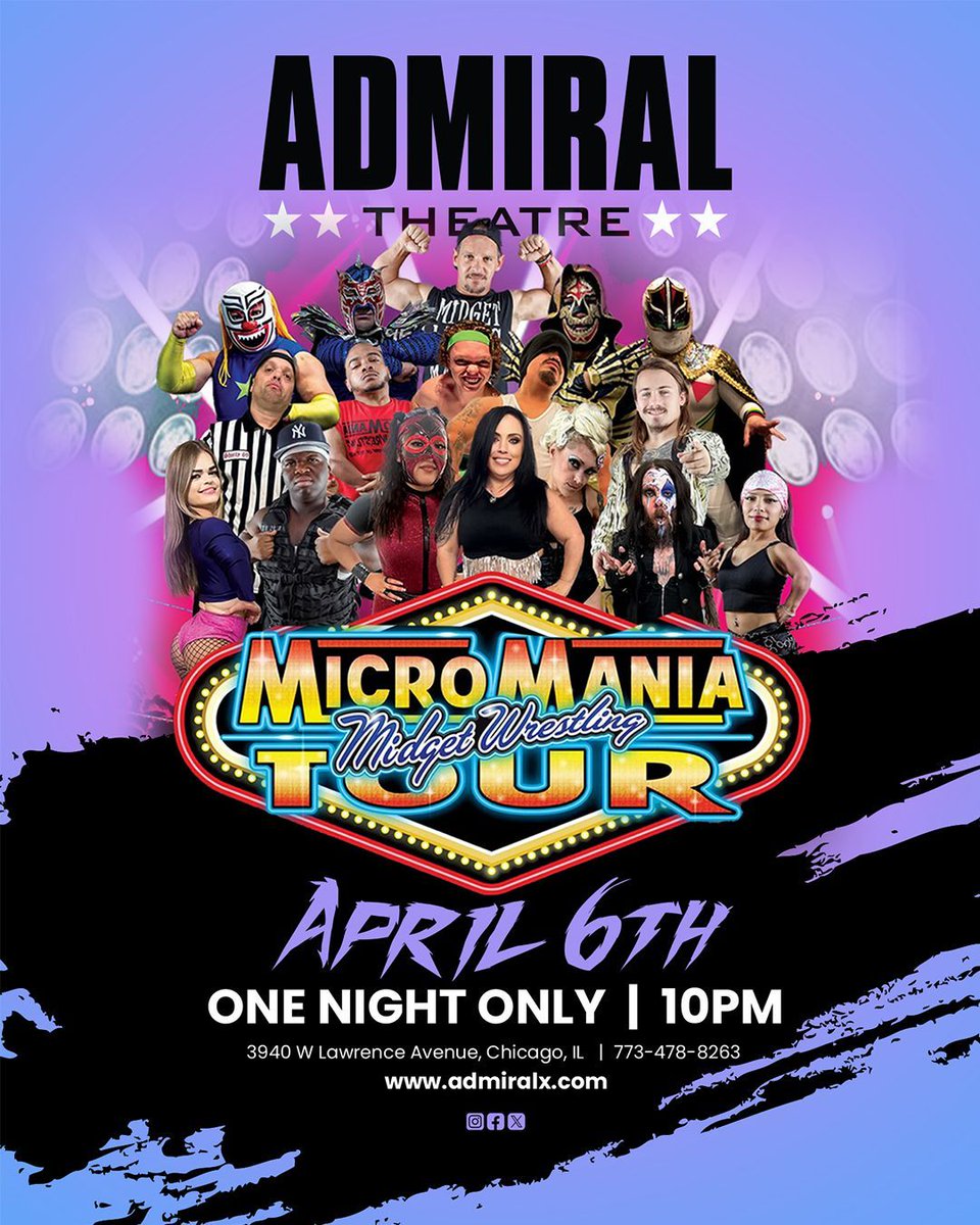AdmiralTheatre's tweet image. 🎉🤼‍♂️ Get ready for a size-ably fantastic night! The MICROMANIA MIDGET WRESTLING TOUR is rolling into The World-Famous Admiral Theatre in Chicago on April 6th! 🏆 

#MicroMadness #TinyTitans #WrestlingFun #AdmiralTheatre #Micromania #BigFun #LittlePeople #MidgetWrestling