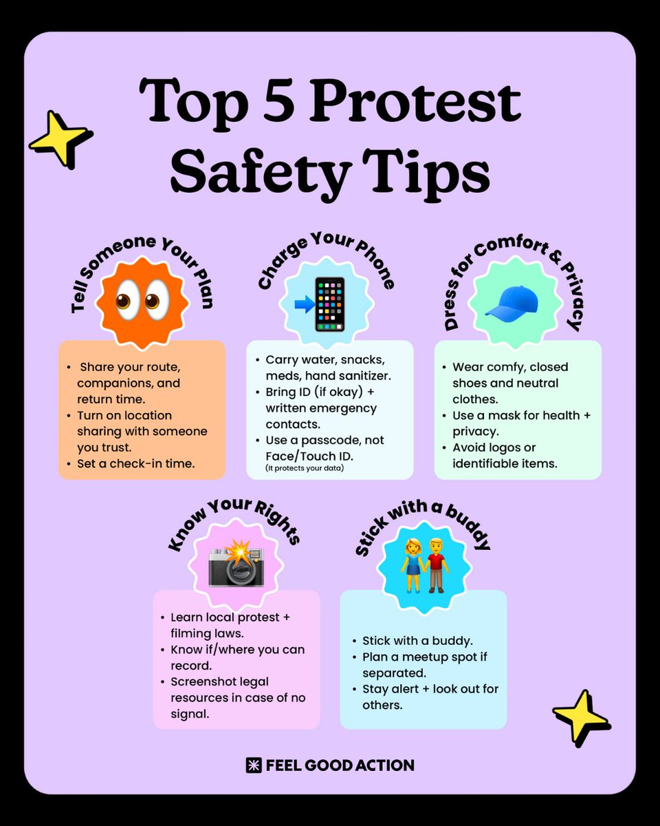 FeelGoodAction's tweet image. Protesting today?

Here are 5 quick tips to stay safe + prepared 🧠📱👟

Share it. Screenshot it. Pass it on!

#ProtestSafety #FeelGoodAction
