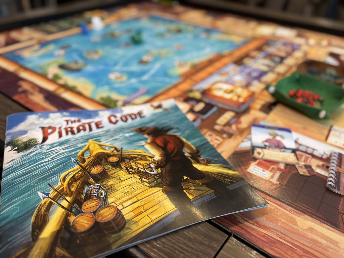 BoardGameGumbo's tweet image. Setting up the first play of The Pirate Code from @FinalFrontierG coming soon to @Kickstarter ! Deck building, swashbuckling, pirates, and intrigue!