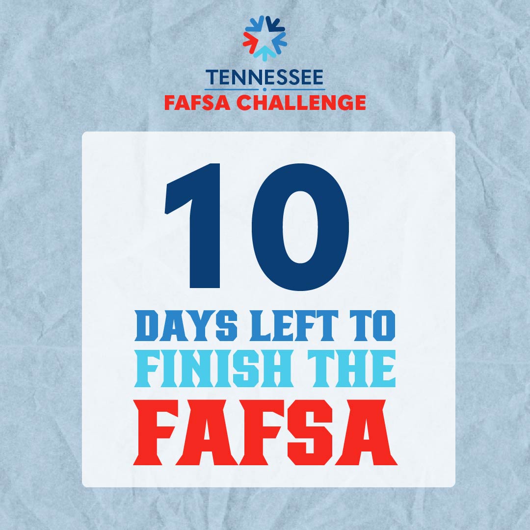 🚨 10 days left! 🚨 Tennessee Promise students—your FAFSA is due April 15! Don’t wait until the last minute—submit today at FAFSA.gov! #FAFSA #TNPromise