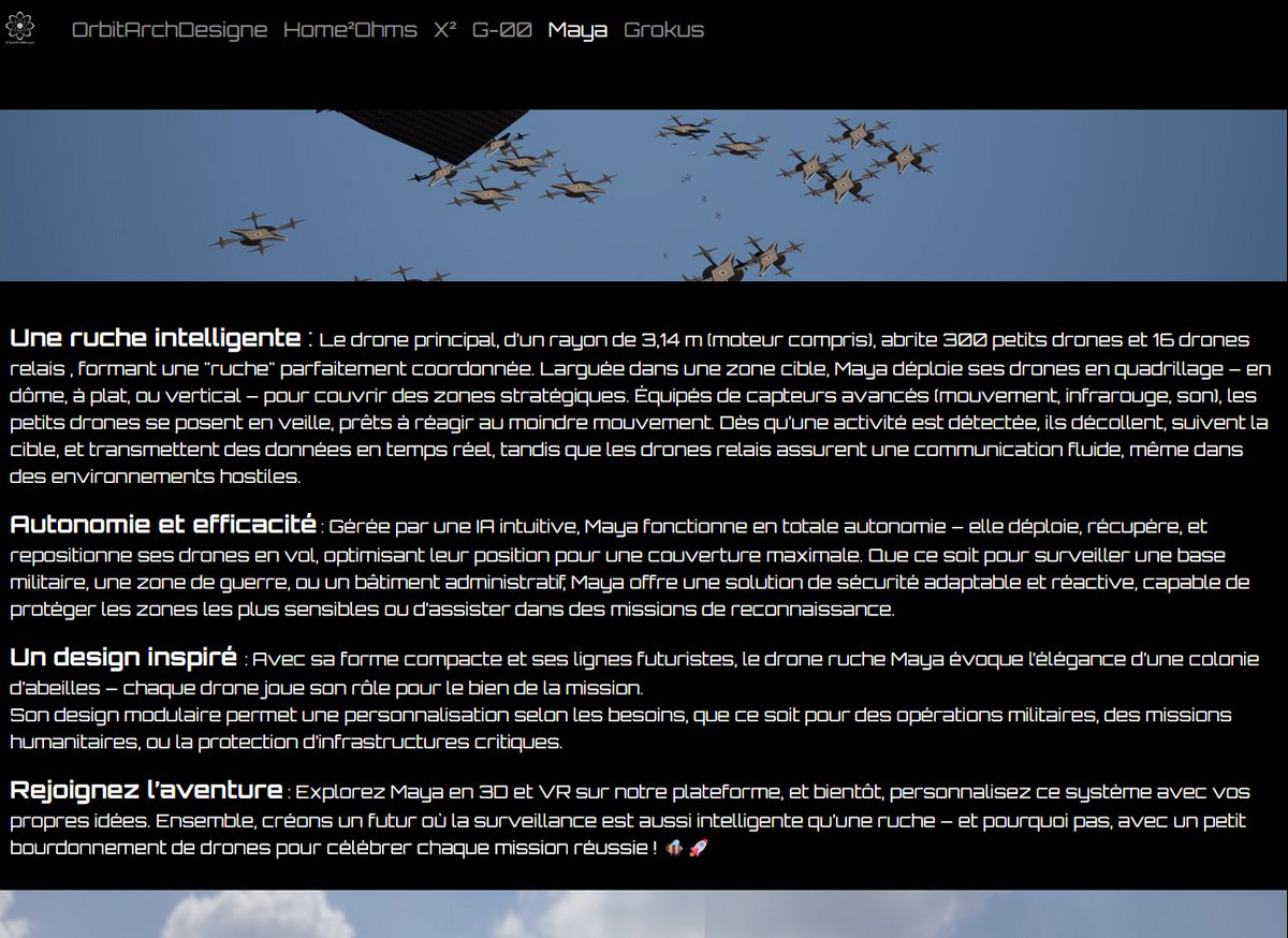 OrbitArchDesign's tweet image. &quot; Recent news on autonomous drones echoes Maya from @OrbitArchDesign! A futuristic surveillance system with a smart hive, designed with Grok 3 from @xAI. Coming soon to Sketchfab to explore in 3D/VR!  #OrbitArchDesign #Grok3 #SpaceTech&quot;
orbitarchdesign.odoo.com/maya