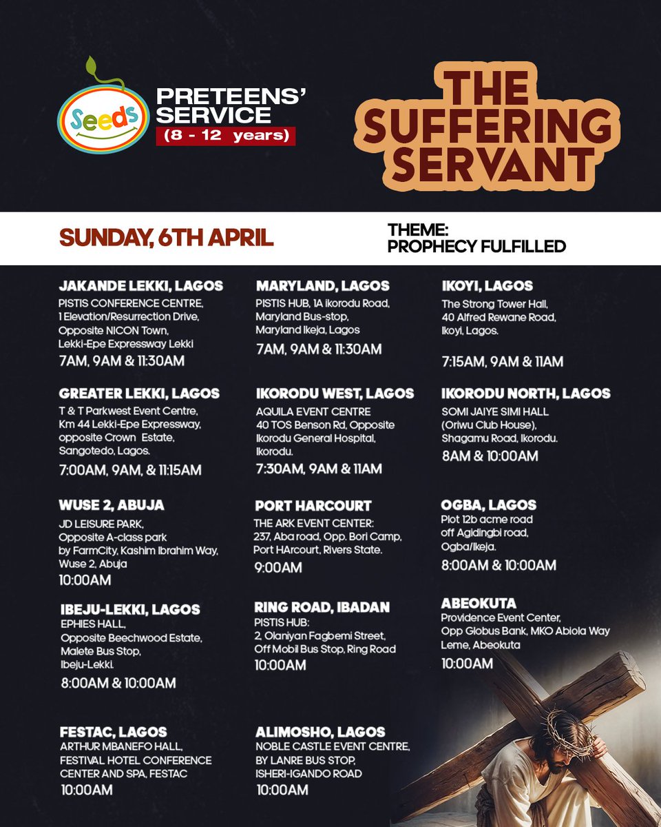 elevationng's tweet photo. There’s also a special service for your children tomorrow. Bring them along for an exciting time of faith, fun and connection with God.
Check the flyer for more details, and swipe to see service information for Preteens and Kids.
#TeenNation #Preteens #KidsService #ElevationNG